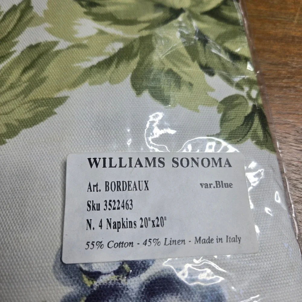 Williams Sonoma Bordeaux Blue Linen Cotton Napkins Set of 4 Italy 20